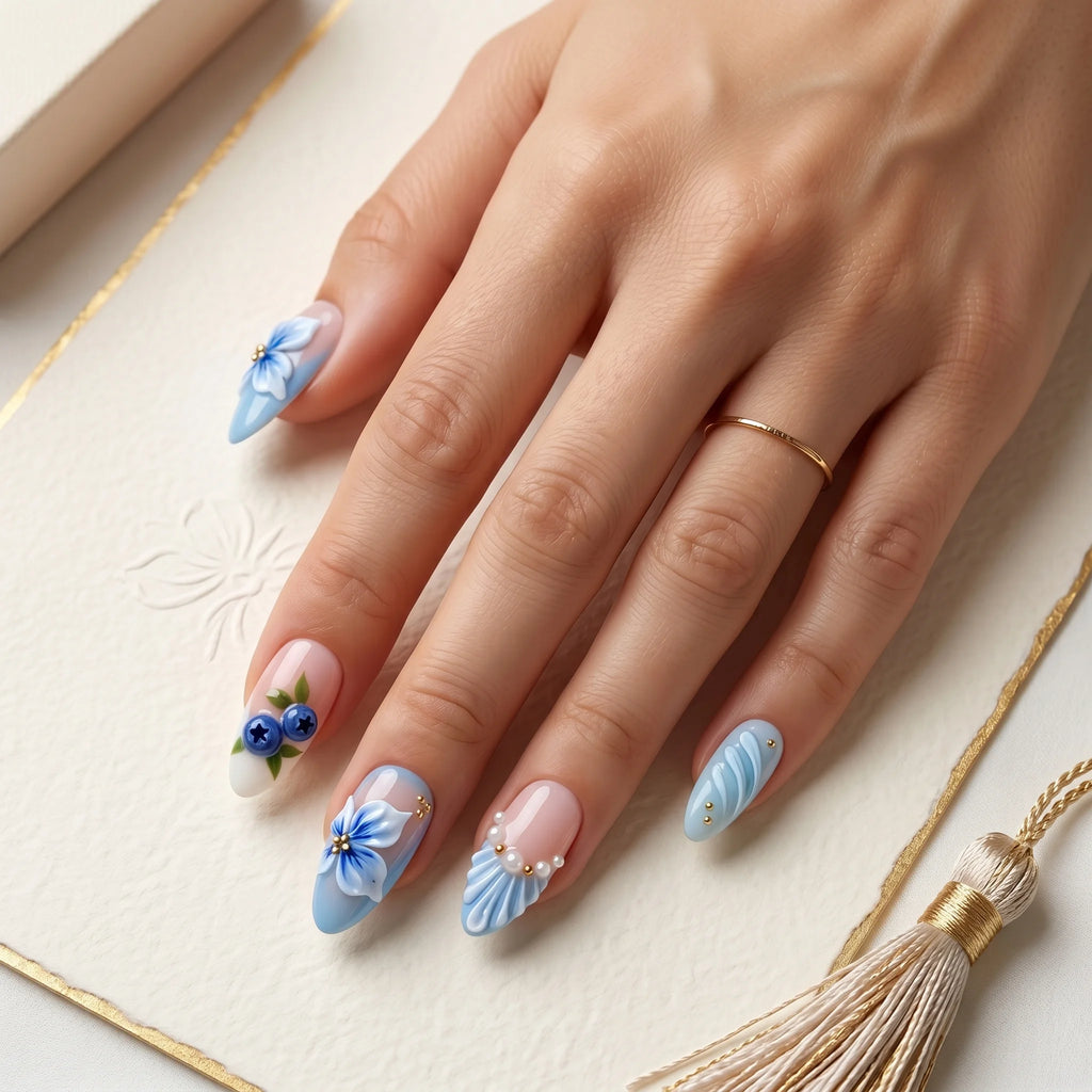 Kentrim Pastel Floral Elegance Medium Almond Press On Nails- 10 Pieces (Single Size)