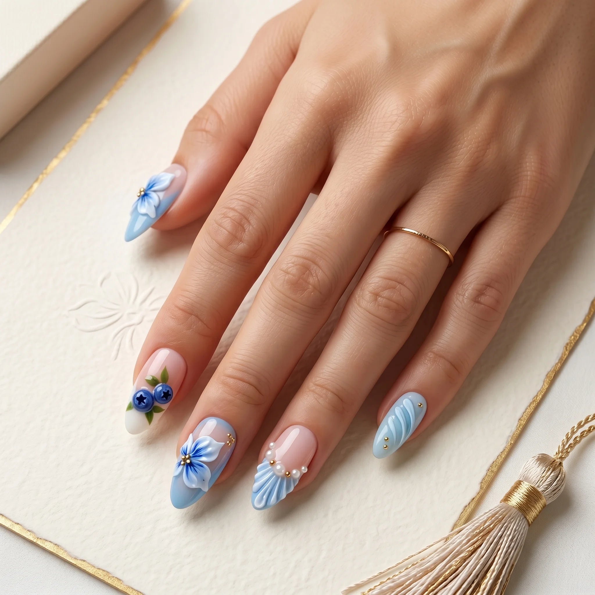 Kentrim Pastel Floral Elegance Medium Almond Press On Nails- 10 Pieces (Single Size)