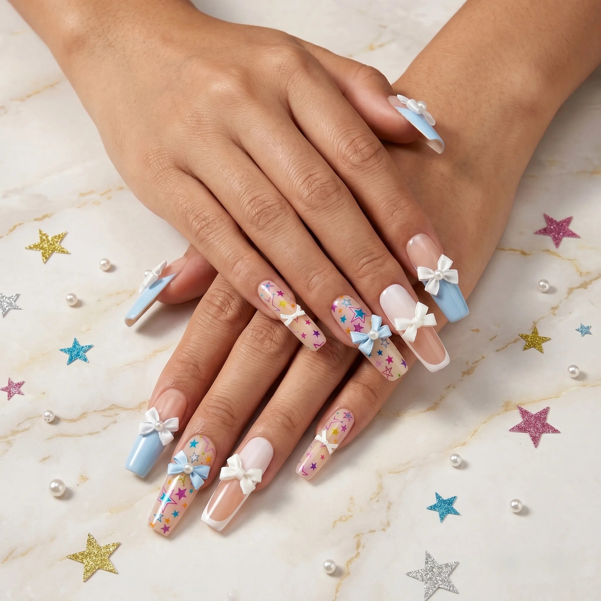 Kentrim Pastel Coquette Bow & Star Press On Nails- 30 Pieces, 15 Sizes