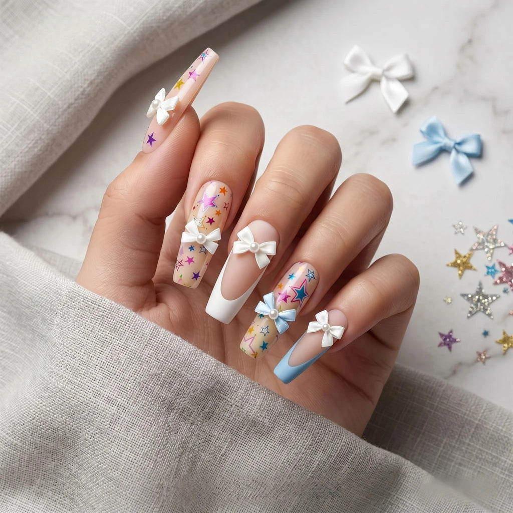 Kentrim Pastel Coquette Bow & Star Press On Nails- 30 Pieces, 15 Sizes