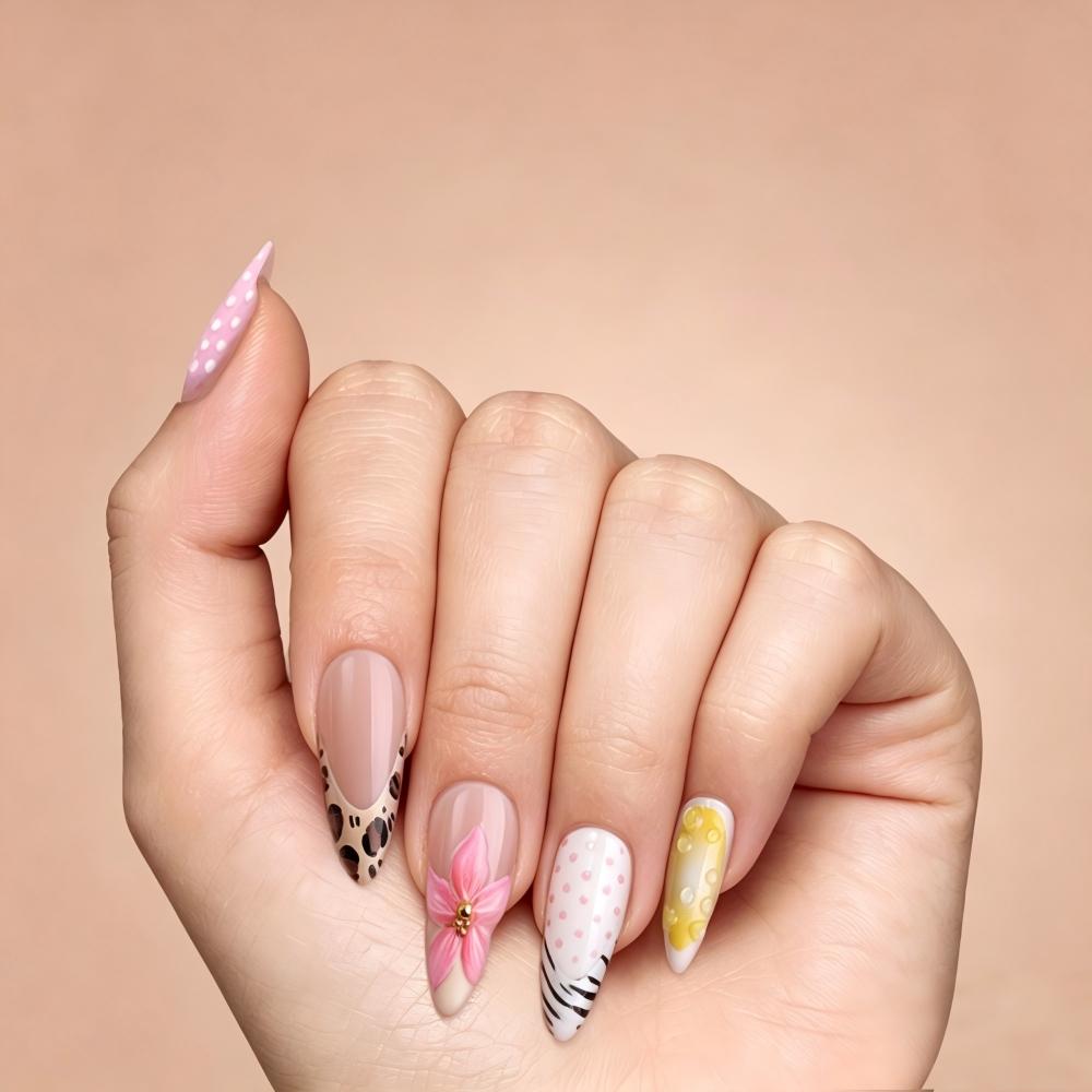 Kentrim Pink Leopard Print 3D Flower Medium Almond Press On Nails - 24 Pieces, 12 Sizes