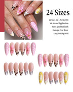 Kentrim Pink Leopard Print 3D Flower Medium Almond Press On Nails - 24 Pieces, 12 Sizes