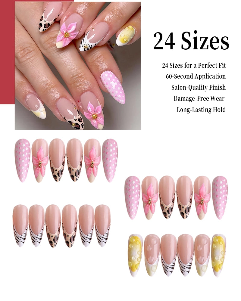 Kentrim Pink Leopard Print 3D Flower Medium Almond Press On Nails - 24 Pieces, 12 Sizes