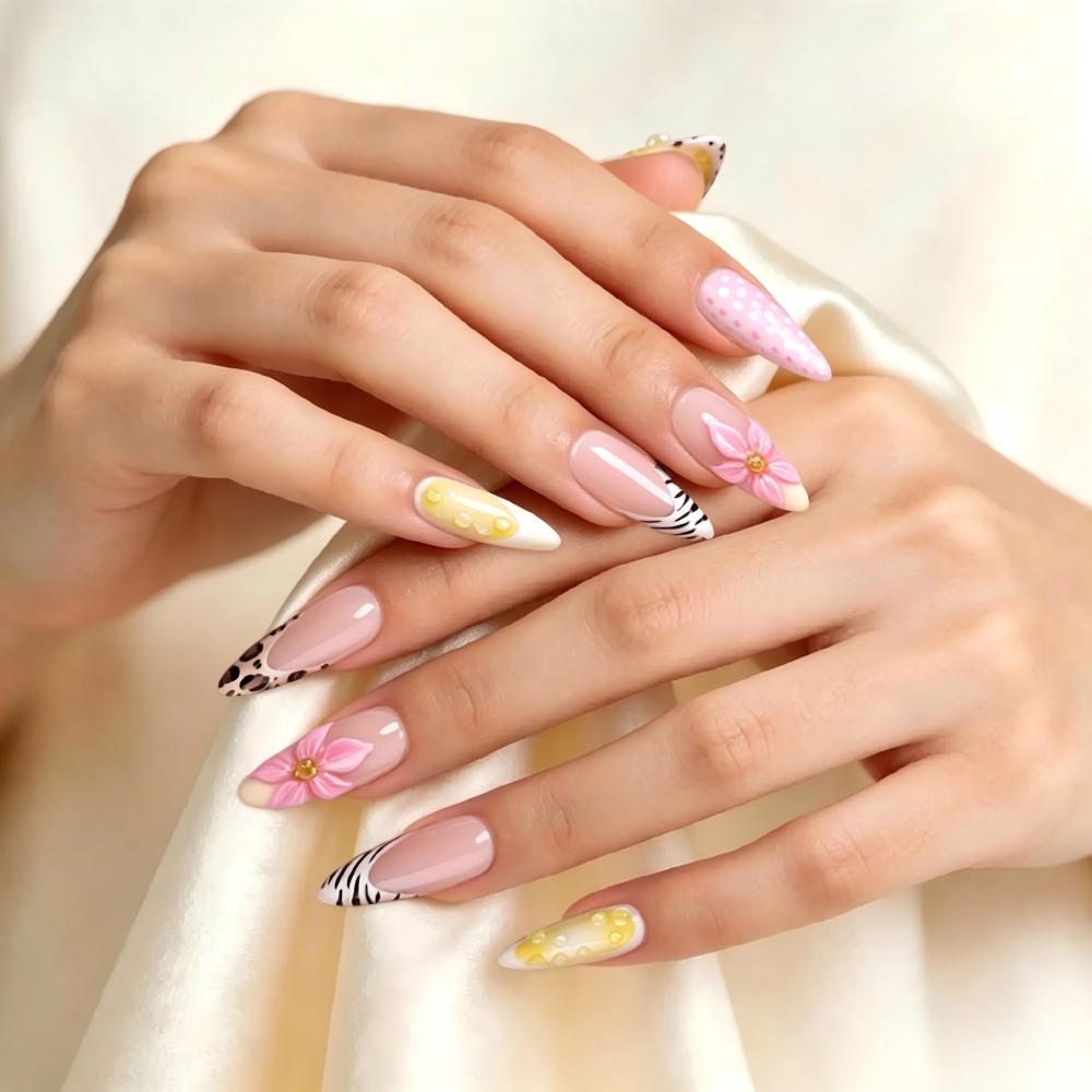 Kentrim Pink Leopard Print 3D Flower Medium Almond Press On Nails - 24 Pieces, 12 Sizes