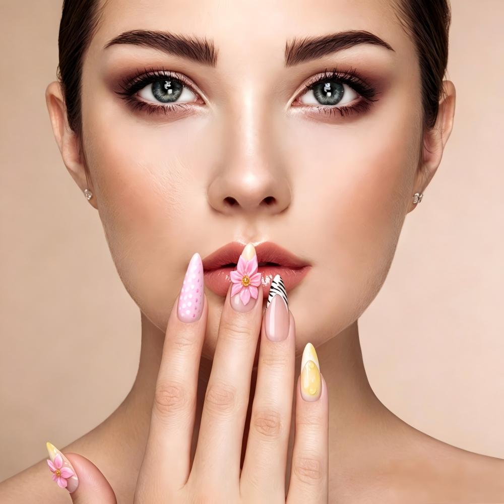 Kentrim Pink Leopard Print 3D Flower Medium Almond Press On Nails - 24 Pieces, 12 Sizes