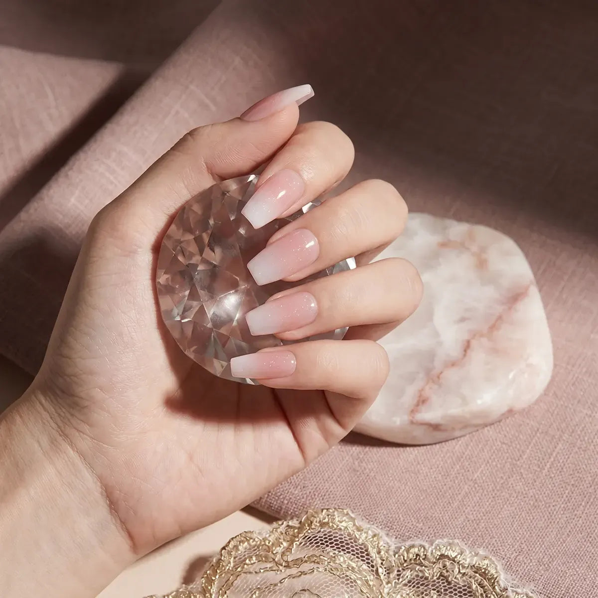 Kentrim Jelly Glue Pink Kentrim Pink White Glitter Gradient Coffin Press On Nails - 24 Pieces (12 Sizes)