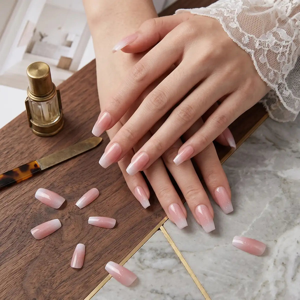 Kentrim Jelly Glue Pink Kentrim Pink White Glitter Gradient Coffin Press On Nails - 24 Pieces (12 Sizes)