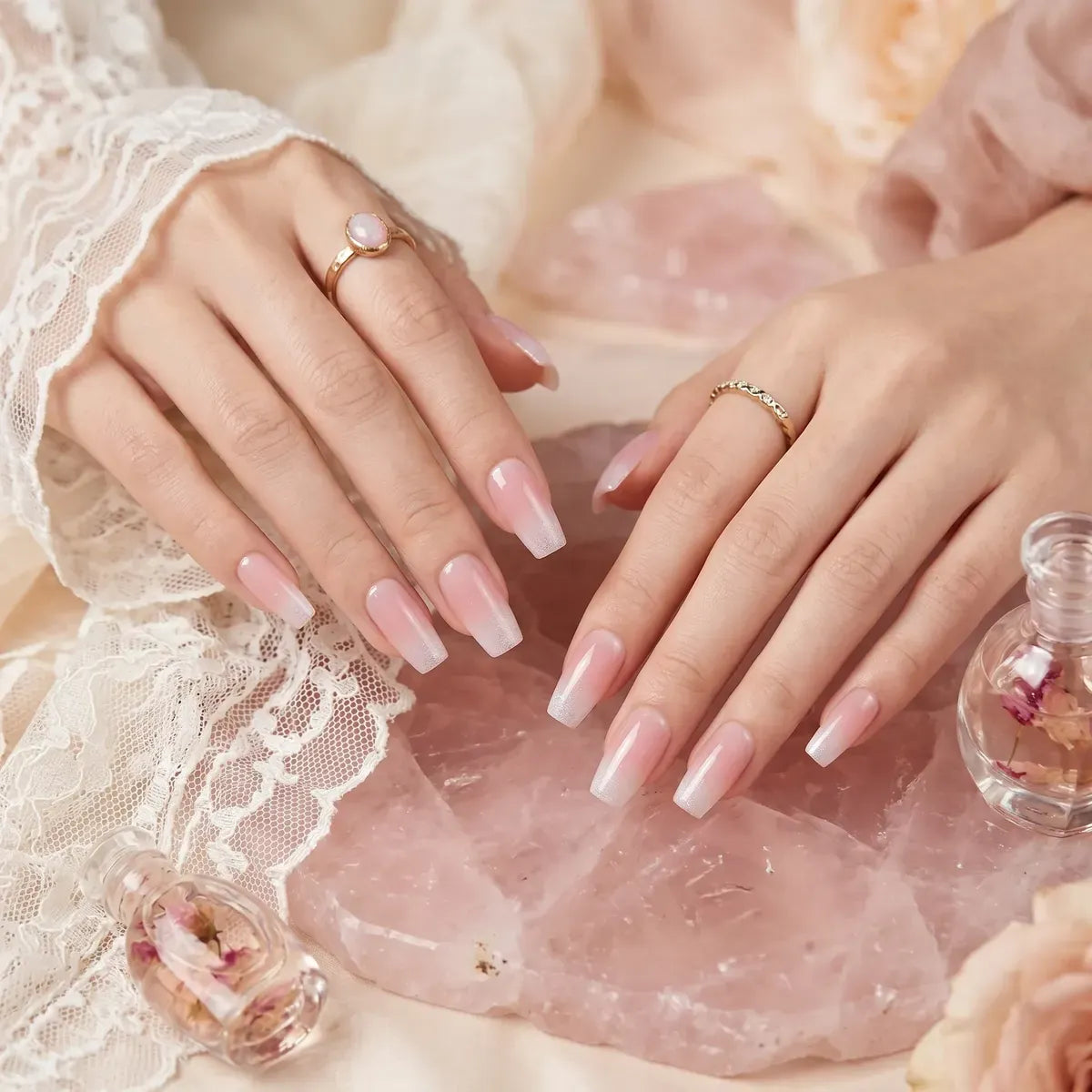 Kentrim pink and white glitter gradient coffin press-on nails in 12 sizes, long coffin shape, 24-piece set. Main image