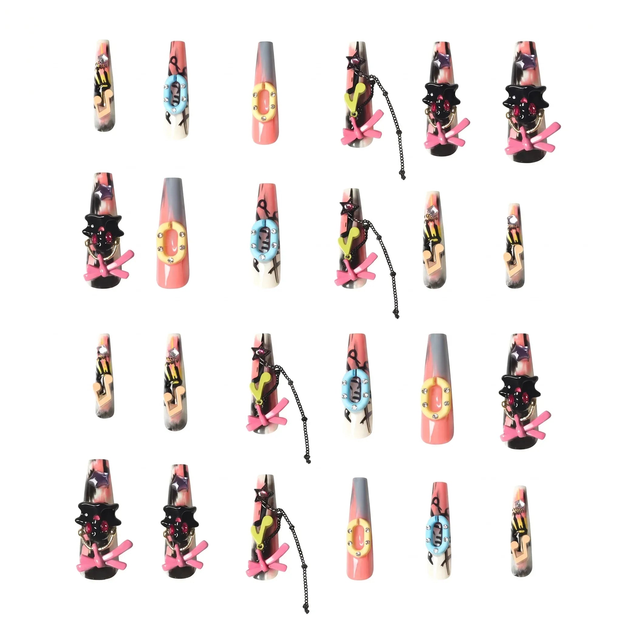 Kentrim Jelly Glue Pink Kentrim Y2K Graffiti 3D Charms Press On Nails - 30 Pieces (15 Sizes)