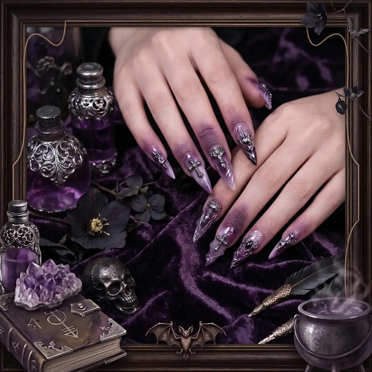 Kentrim purple gradient silver cross gothic stiletto press-on nails in 12 sizes, 24-piece set with long Halloween-themed design Main image