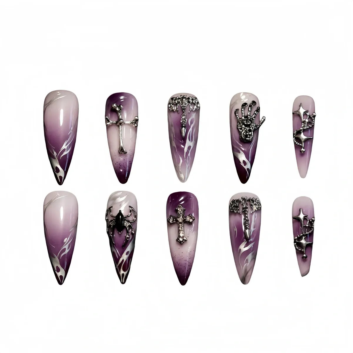 Kentrim Purple Gradient Silver Cross Spider Halloween Stiletto Press On Nails - 24 Pieces (12 Sizes) Secondary image