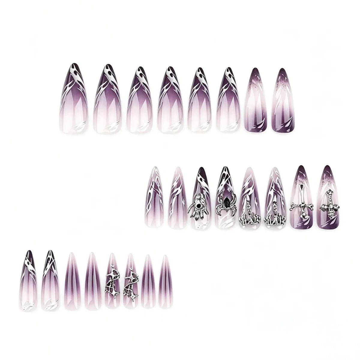Kentrim Jelly Glue Purple Kentrim Purple Gradient Silver Cross Spider Halloween Stiletto Press On Nails - 24 Pieces (12 Sizes)