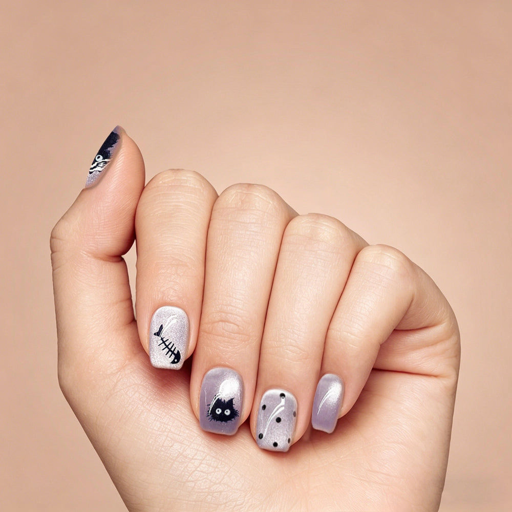 Kentrim Purple Cat Eye Black Cat Fishbone Short Square Press On Nails - 10 Pieces (Single Size)