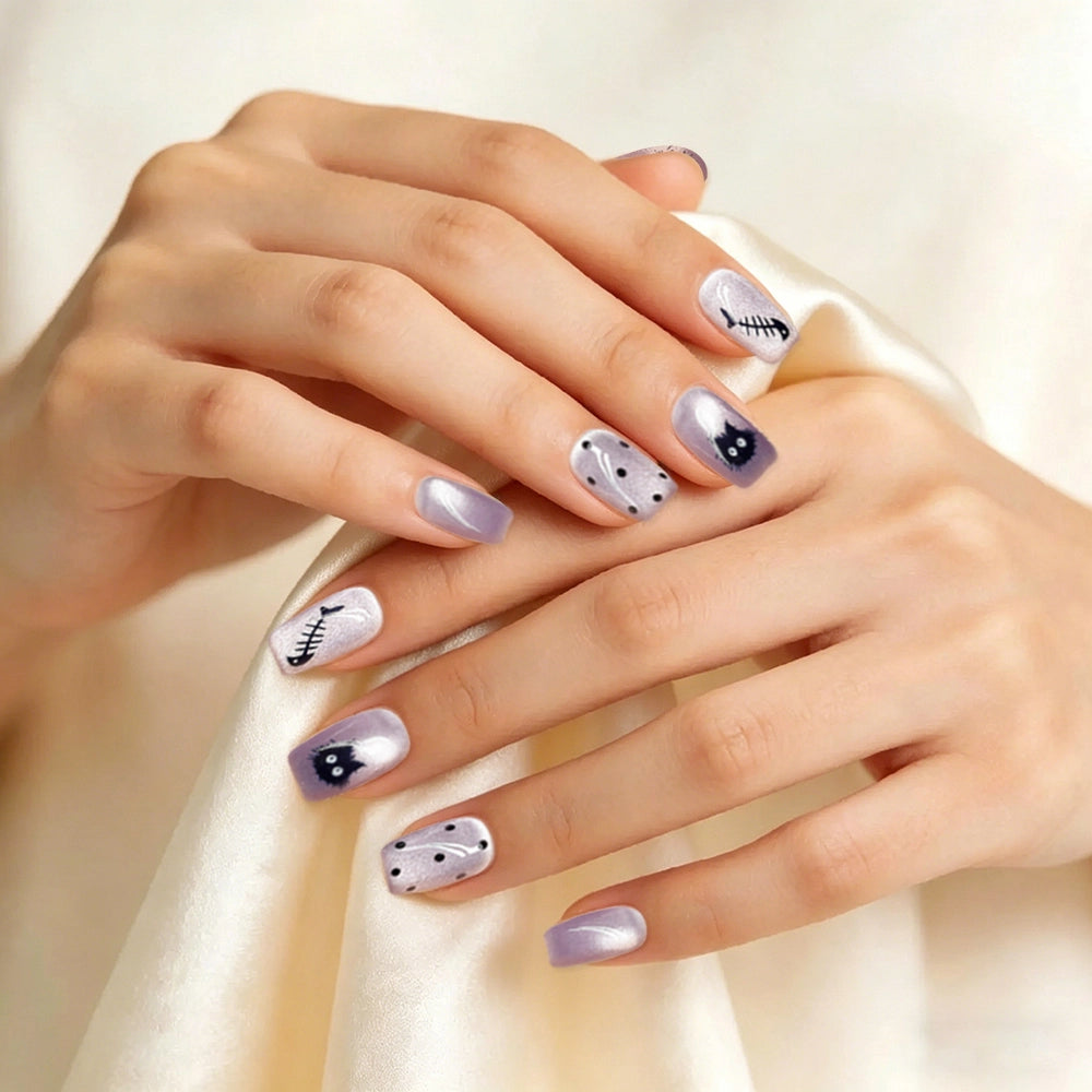 Kentrim Purple Cat Eye Black Cat Fishbone Short Square Press On Nails - 10 Pieces (Single Size)