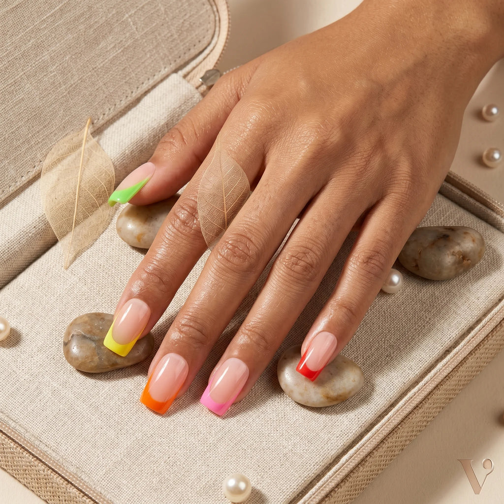 Kentrim Rainbow French Tip Press On Nails - 24 Pieces, 12 Sizes