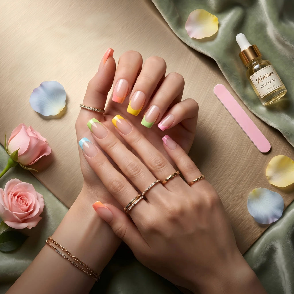 Kentrim Rainbow French Tip Press On Nails - 24 Pieces, 12 Sizes