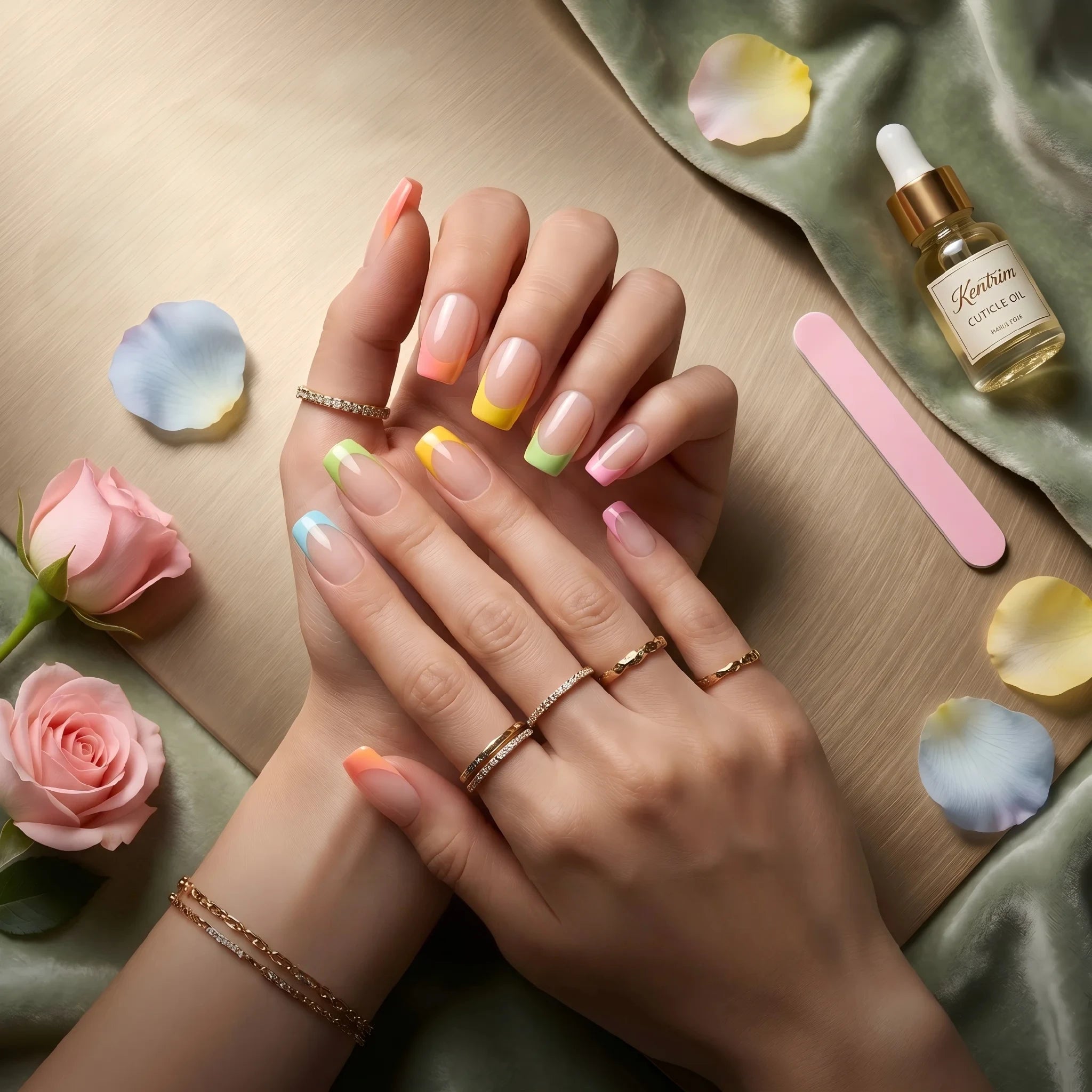 Kentrim Rainbow French Tip Press On Nails - 24 Pieces, 12 Sizes