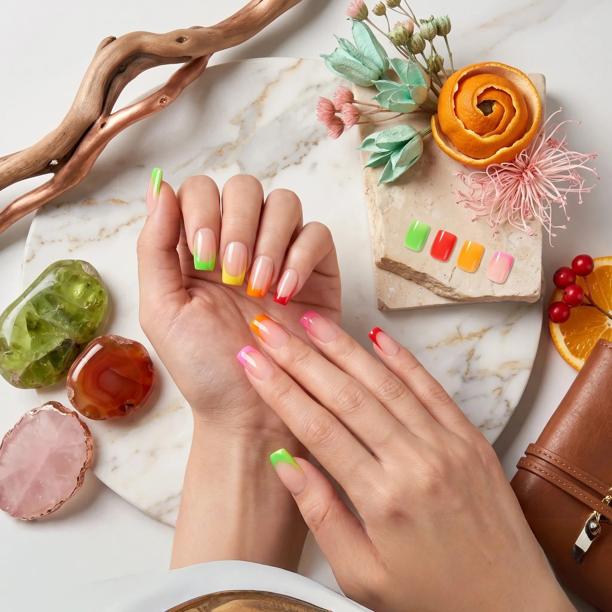 Kentrim Rainbow French Tip Press On Nails - 24 Pieces, 12 Sizes