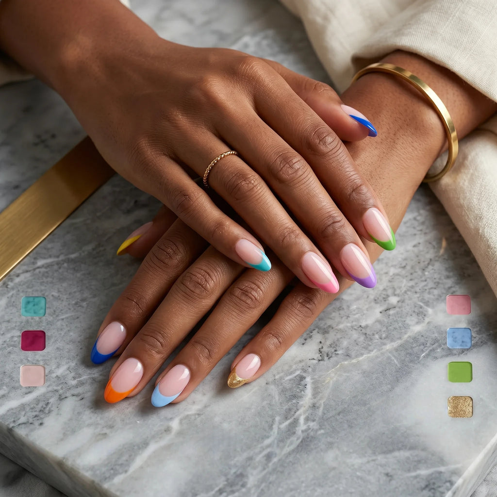 Kentrim Rainbow French Tip Press On Nails - 24 Pieces, 12 Sizes