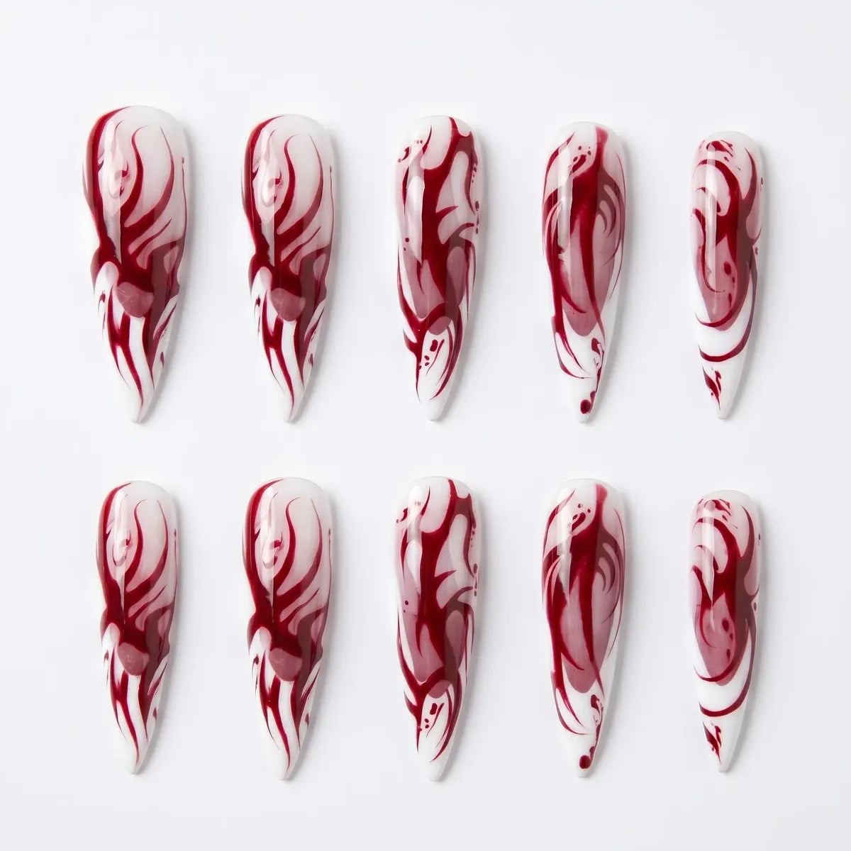Kentrim Jelly Glue Red Kentrim Red Flame Blood Abstract Stiletto Halloween Press On Nails - 24 Pieces (12 Sizes)
