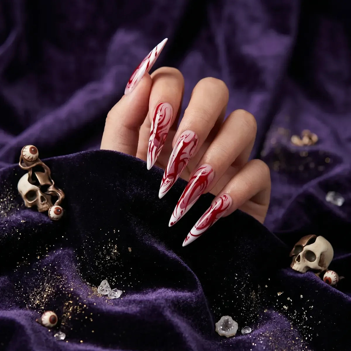 Kentrim Jelly Glue Red Kentrim Red Flame Blood Abstract Stiletto Halloween Press On Nails - 24 Pieces (12 Sizes)