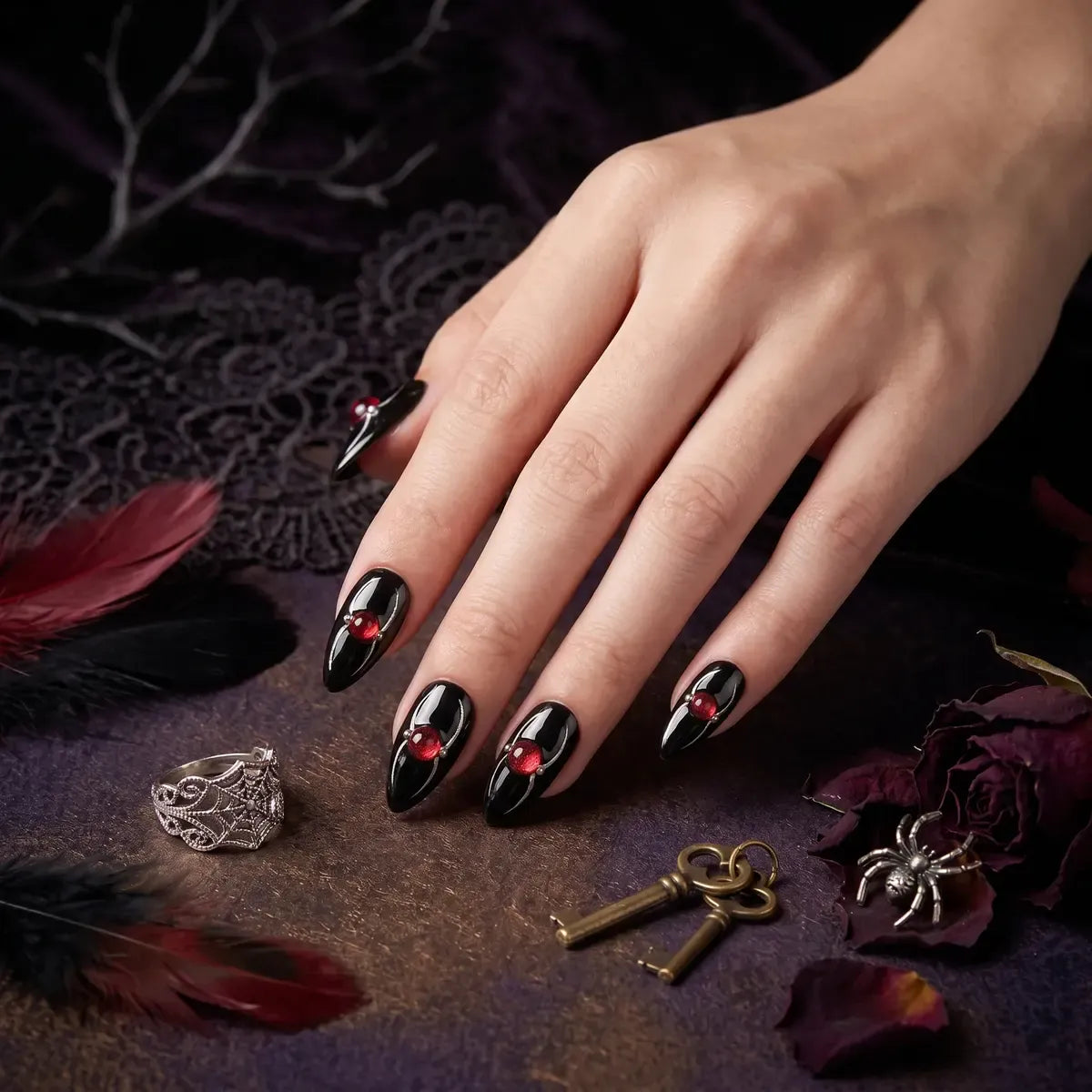 Kentrim Jelly Glue Black Kentrim Red Gem Spider Almond Halloween Press On Nails - 24 Pieces (12 Sizes)