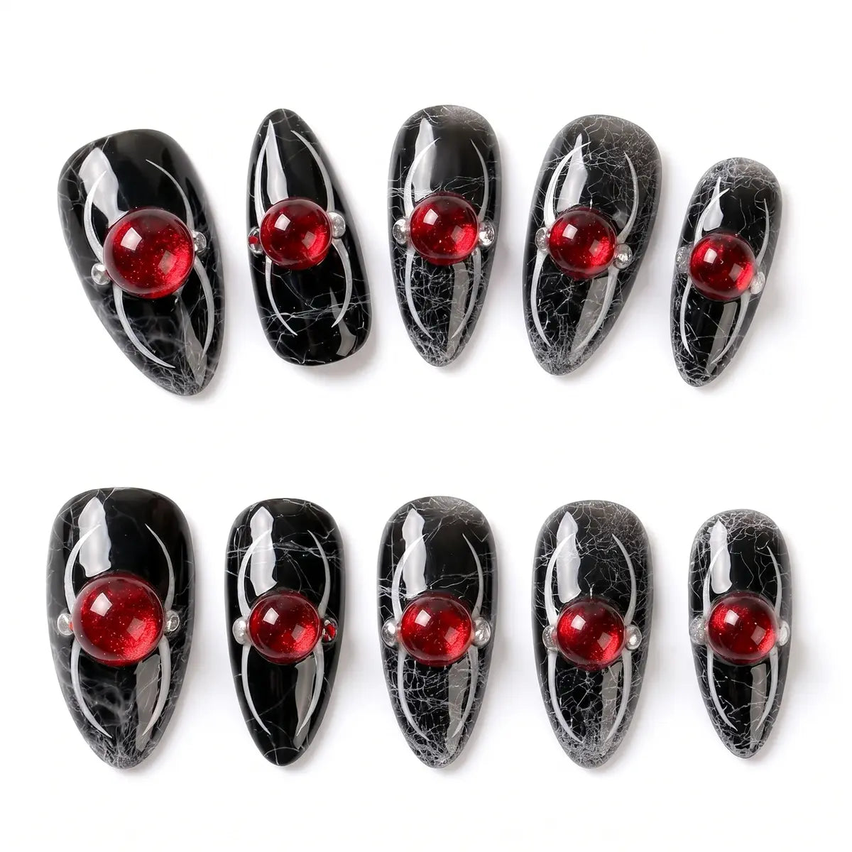 Kentrim Jelly Glue Black Kentrim Red Gem Spider Almond Halloween Press On Nails - 24 Pieces (12 Sizes)