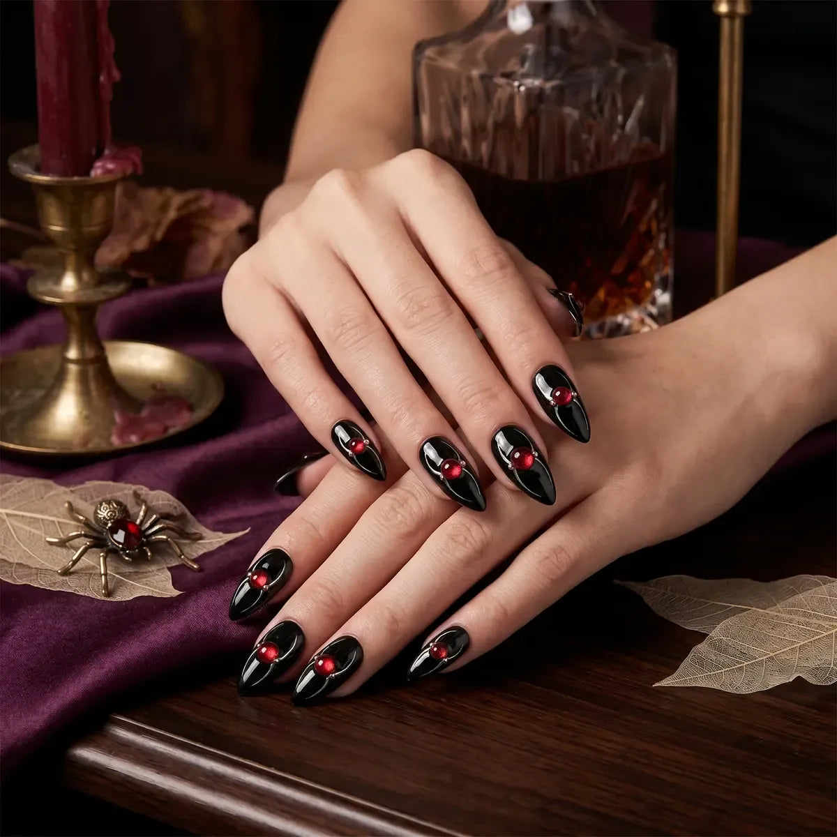 Kentrim Red Gem Spider Almond Halloween Press On Nails - 24 Pieces (12 Sizes) Secondary image