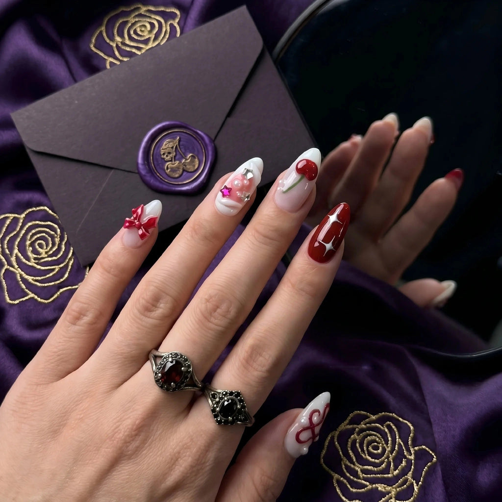 Kentrim 3D Red Cherry Bow Press On Nails- 10 Pieces (Single Size)