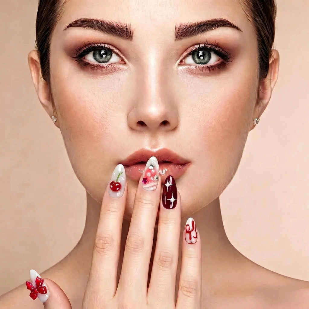 Kentrim 3D Red Cherry Bow Press On Nails- 10 Pieces (Single Size)