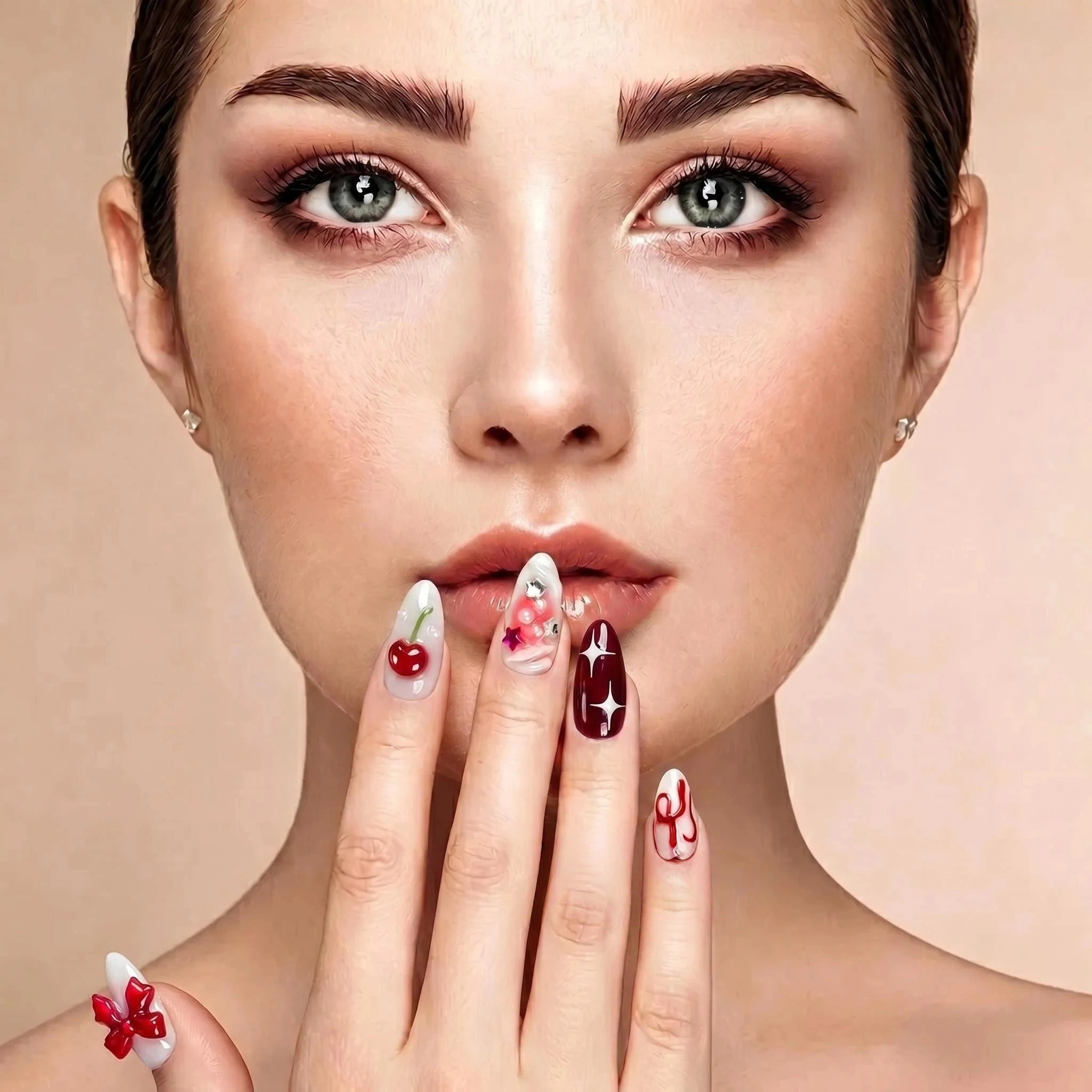 Kentrim 3D Red Cherry Bow Press On Nails- 10 Pieces (Single Size)