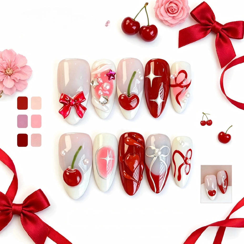 Kentrim 3D Red Cherry Bow Press On Nails- 10 Pieces (Single Size)