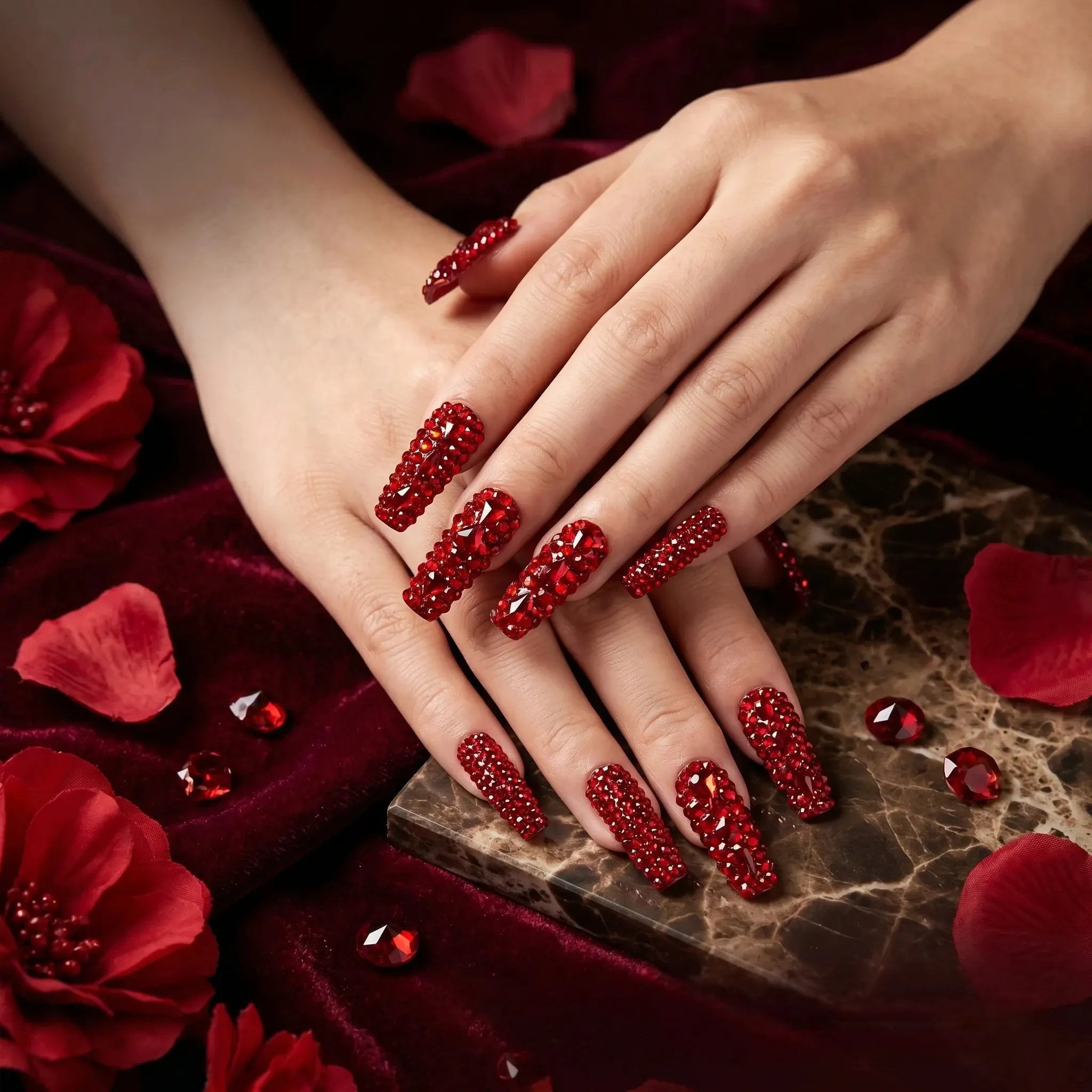 Kentrim Crystal Long Square Press On Nails with red gem accents, set of 10, elegant and stylish nail extension solution Main image