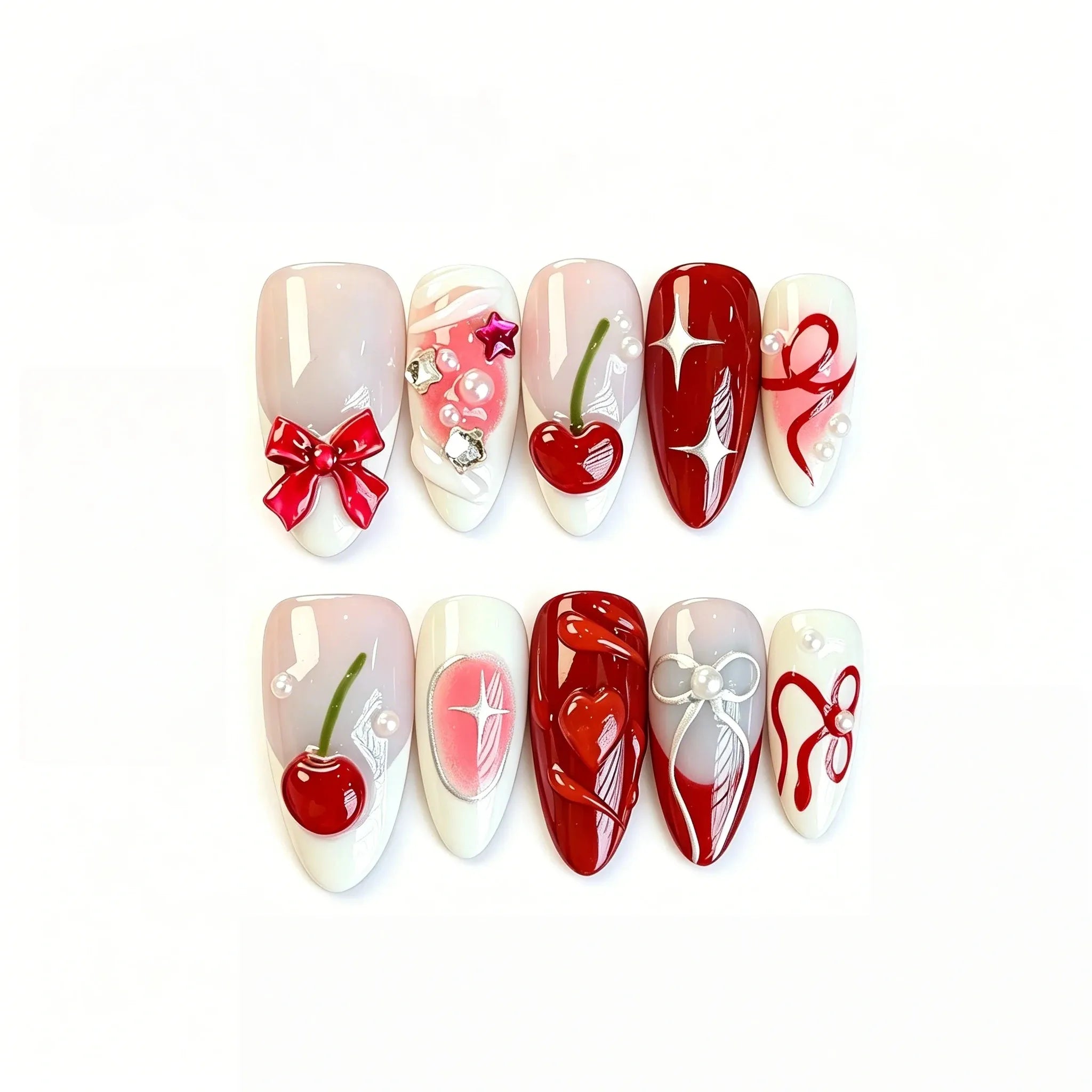 Cherry Press On Nails – 3D Red Bow & Cherry Design 10 Pieces (Single Size) Secondary image
