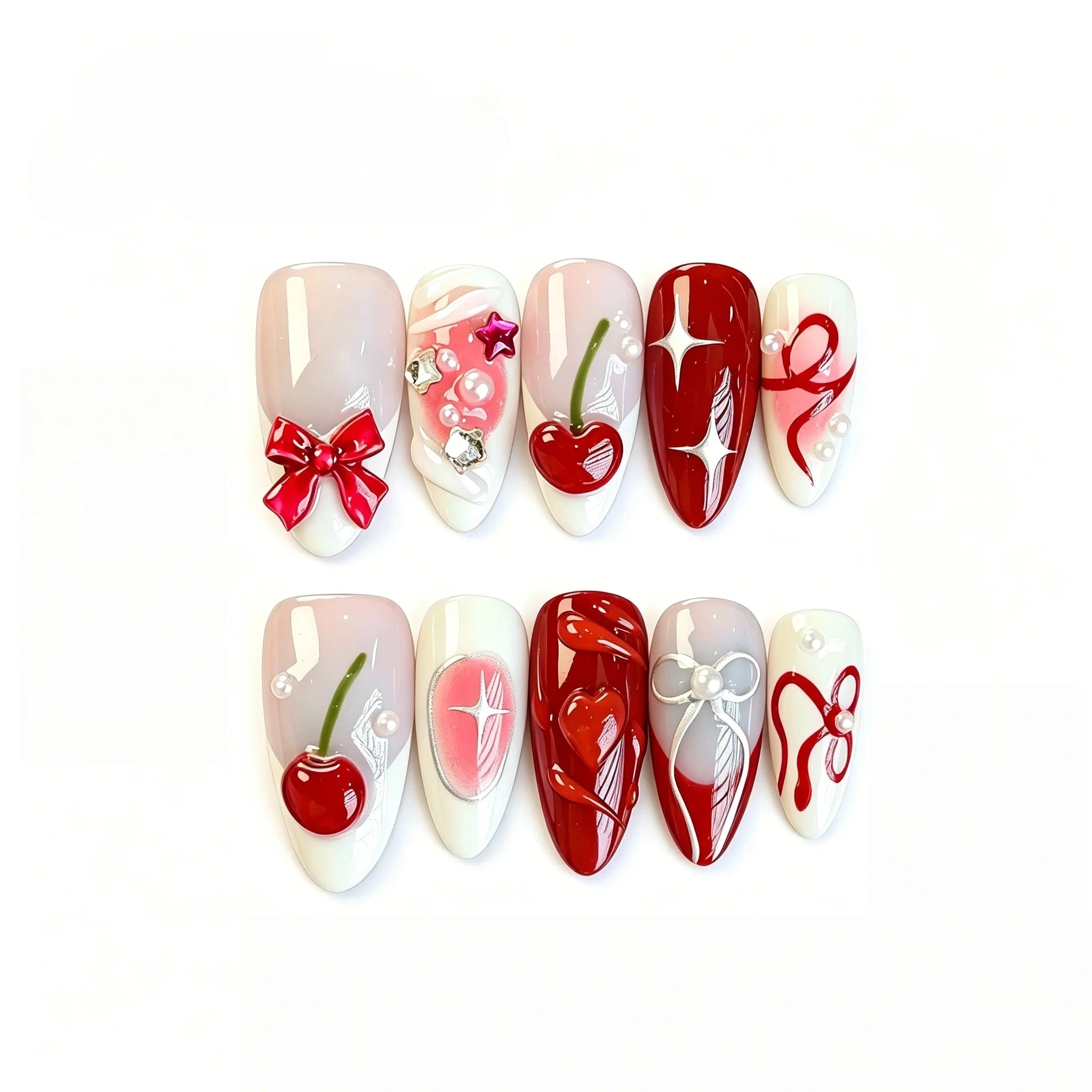 Kentrim 3D Red Cherry Bow Press On Nails- 10 Pieces (Single Size) Main image