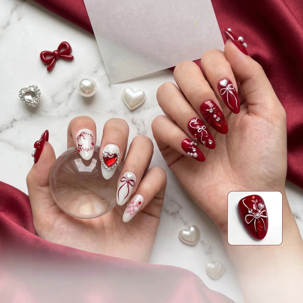 Kentrim Romantic Red & White Press On Nails- 10 Pieces (Single Size)