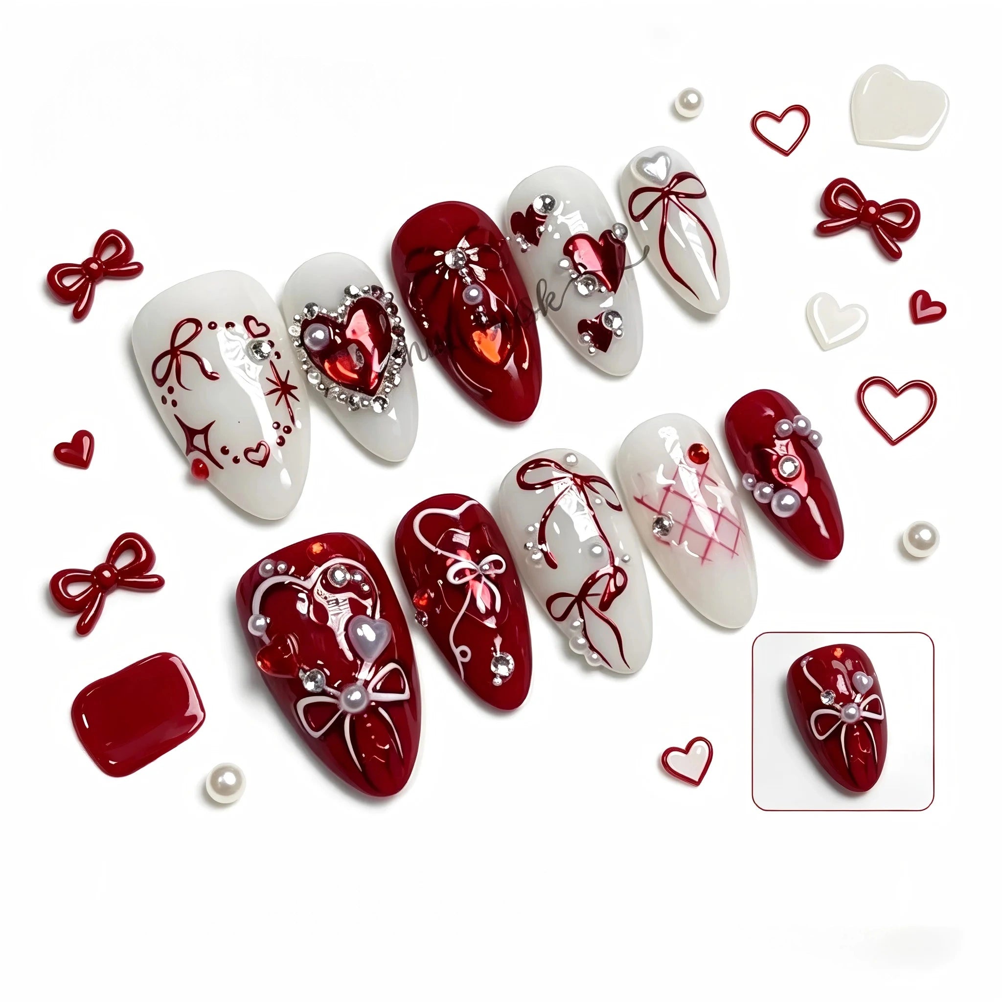 Kentrim Romantic Red & White Press On Nails- 10 Pieces (Single Size)
