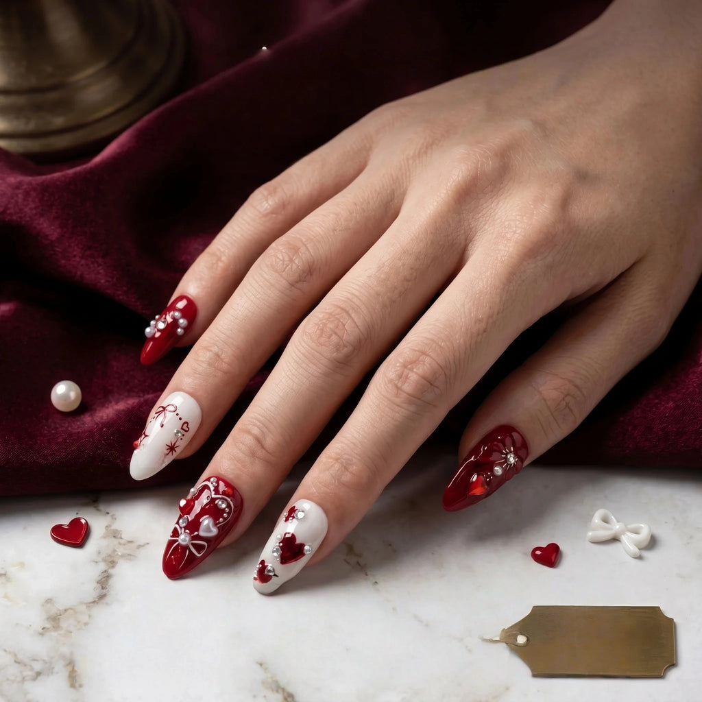 Kentrim Romantic Red & White Press On Nails- 10 Pieces (Single Size)