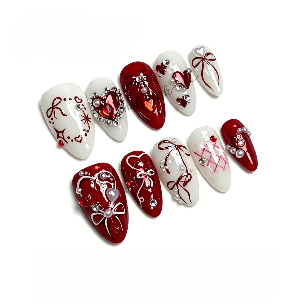 Kentrim Romantic Red & White Press On Nails- 10 Pieces (Single Size)