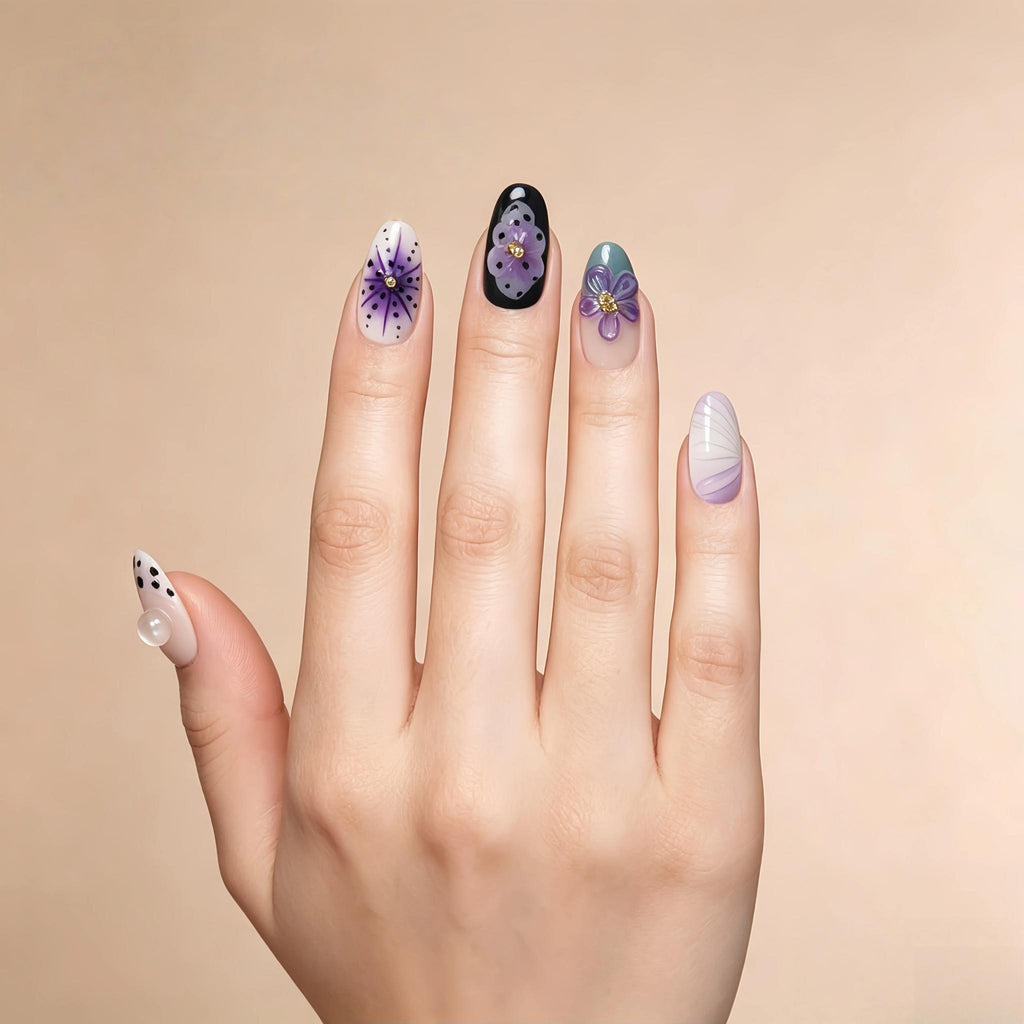 Kentrim Purple Floral Cow Print Press On Nails- 10 Pieces (Single Size)