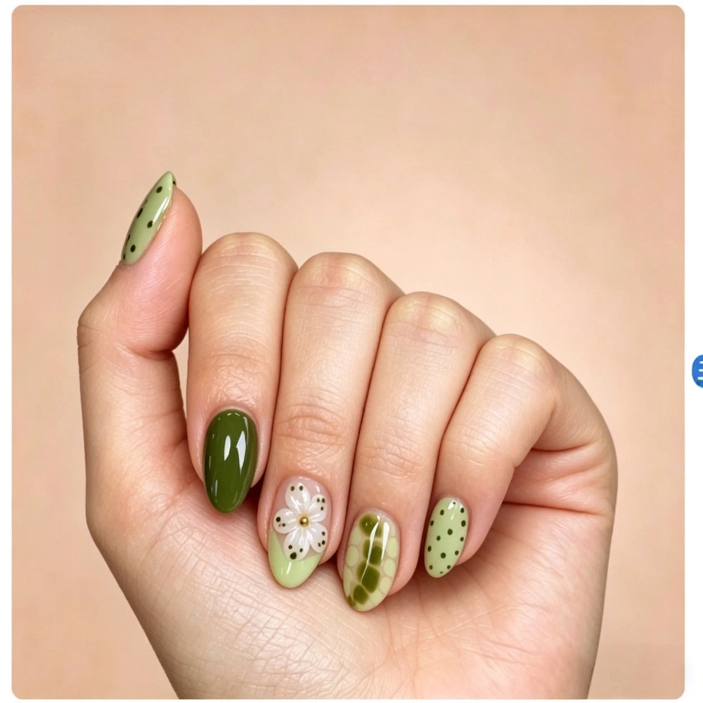 Kentrim Fresh Green Floral Medium Oval Press On Nails - 24 Pieces, 12 Sizes