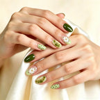 Kentrim Fresh Green Floral Medium Oval Press On Nails - 24 Pieces, 12 Sizes