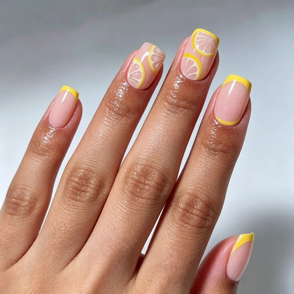 Kentrim Lemon French Tip Short Square Press On Nails - 24 Pieces, 12 Sizes