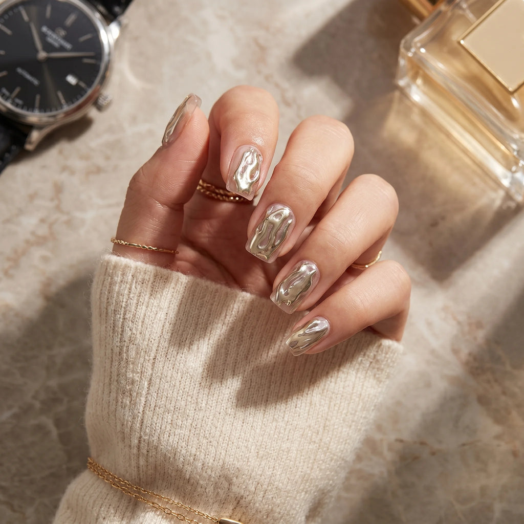 Kentrim Silver Abstract Flame Press On Nails- 30 Pieces, 15 Sizes