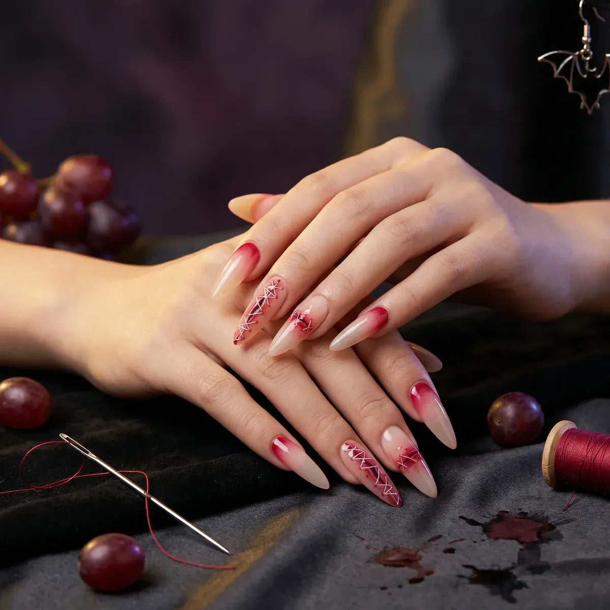 Kentrim Jelly Glue Red Kentrim Stitched Wound Blood Gradient Almond Halloween Press On Nails - 24 Pieces (12 Sizes)