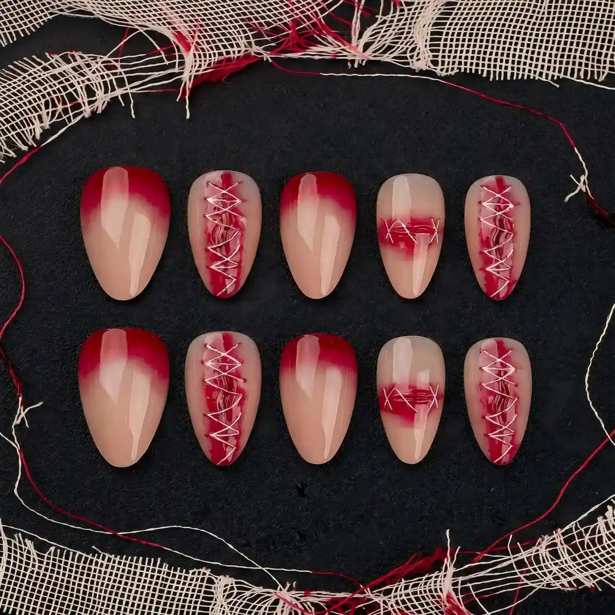 Kentrim Jelly Glue Red Kentrim Stitched Wound Blood Gradient Almond Halloween Press On Nails - 24 Pieces (12 Sizes)