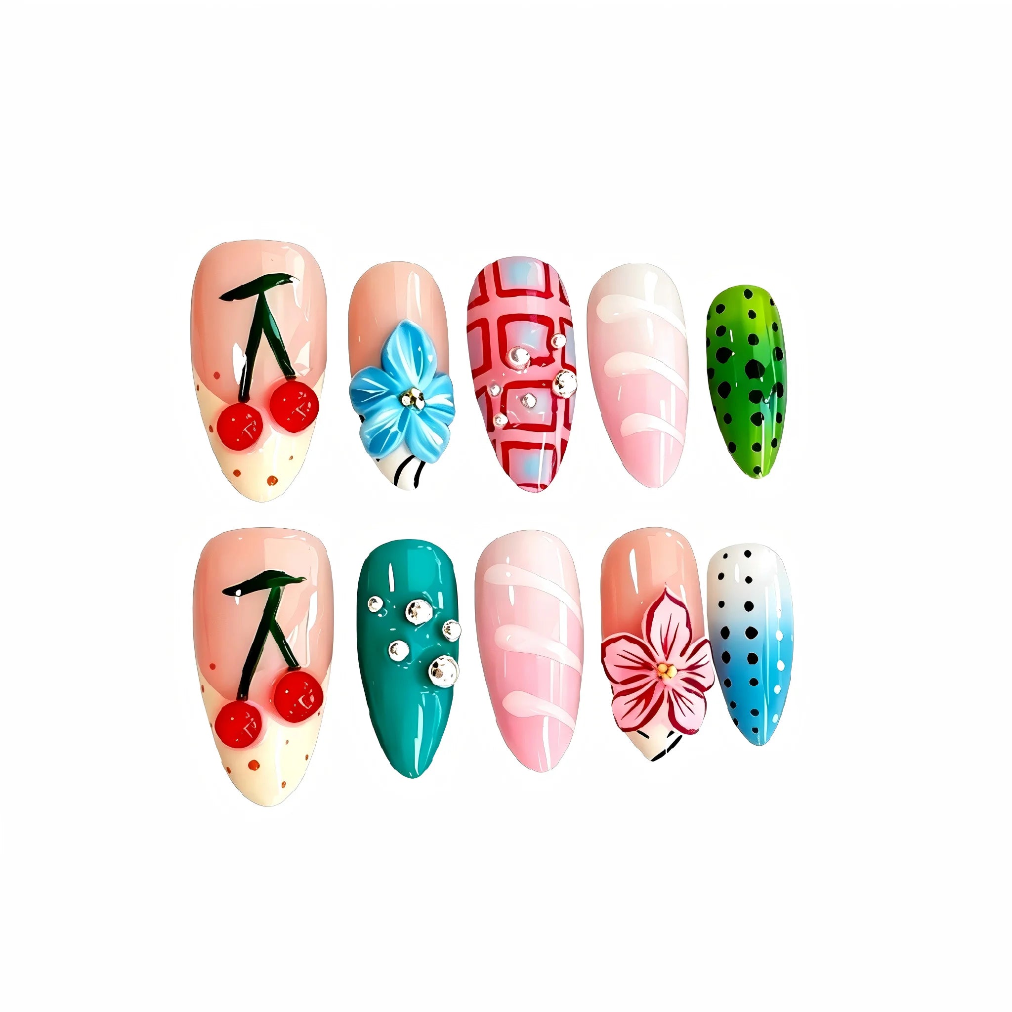 Kentrim Summer Fruit & Floral Medium Almond Press On Nails- 10 Pieces (Single Size) Main image