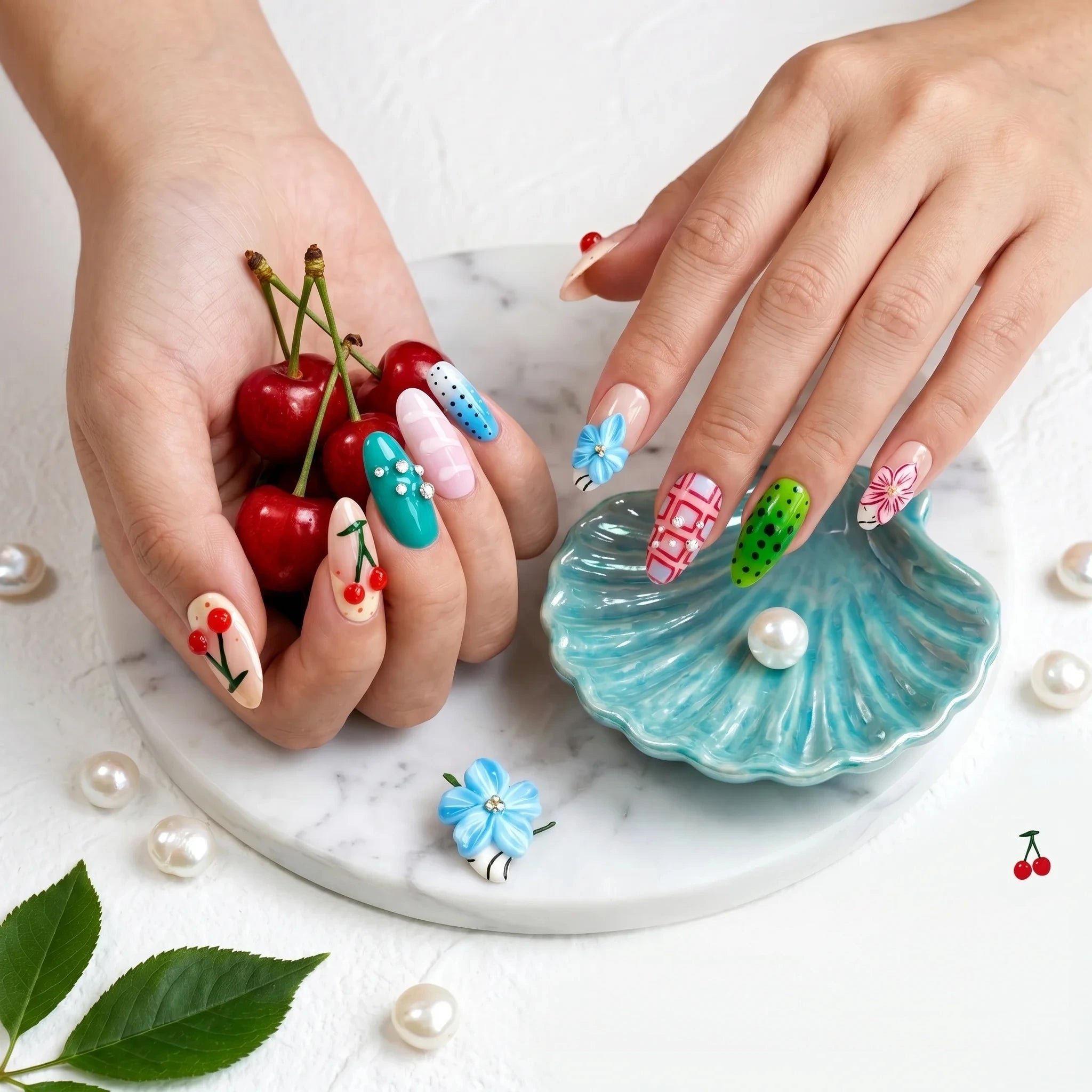 Kentrim Summer Fruit & Floral Medium Almond Press On Nails- 10 Pieces (Single Size)