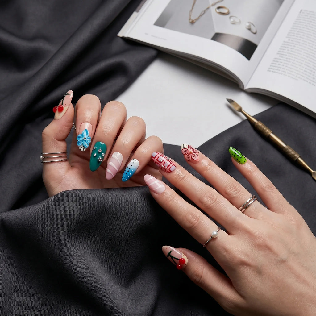 Kentrim Summer Fruit & Floral Medium Almond Press On Nails- 10 Pieces (Single Size)
