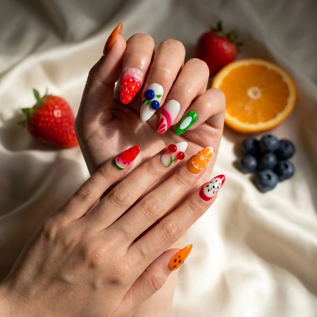 Kentrim Summer Fruit Party Medium Almond Press On Nails- 10 Pieces (Single Size)